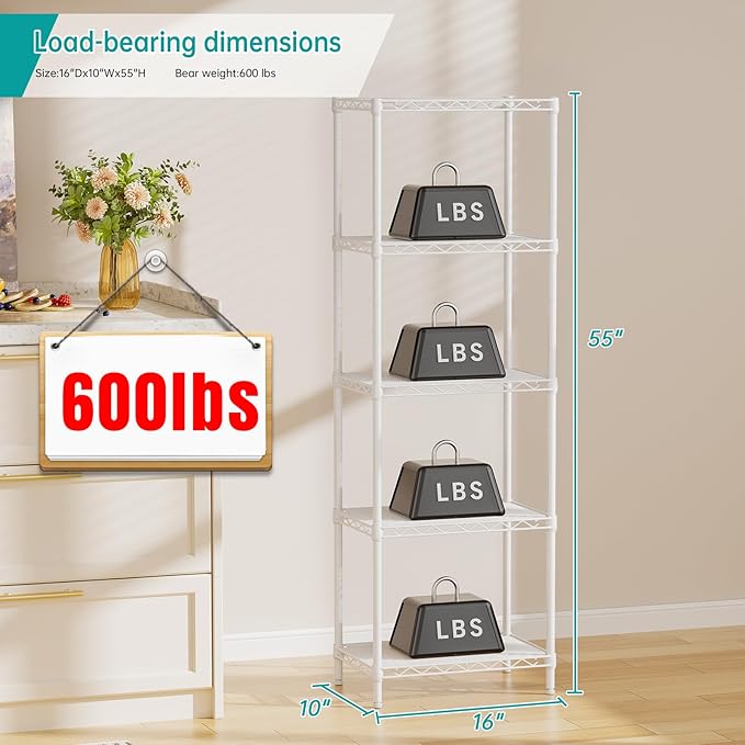 SINGAYE Metal Shelves Wire Shelving Storage Standing Adjustable Shelf Unit | 5 Tier Mesh Units Shelf for Kitchen Laundry Bathroom Closet Organizers Pantry Narrow Home Rack 10" D x 16" W x 55" H White