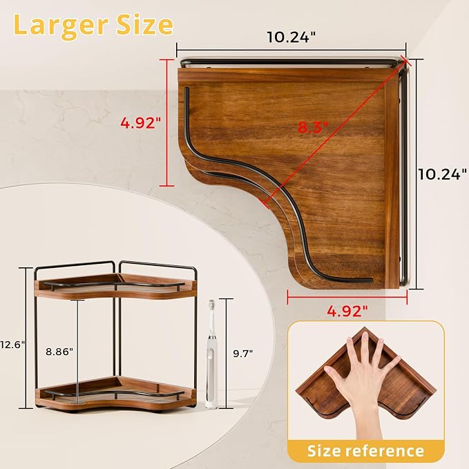 2-Tier Corner Bathroom Counter Organizer, Larger Size | Embedded Screw Holes, Sturdy & Stable, Oversized, Holds More, Vanity Shelf for Makeup & Skincare, Acacia wood-Brown