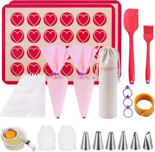 Silicone Macaron Baking Mat Kit - (30 in 1) Macaroon Baking Mat Heart Set,2 Half Sheet Macaron Silicone Mat,1 Egg Separator,1 Pastry Brush,1 Spatula,6 Frosting Tips,12 Piping Bags