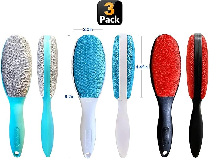 3 Pack, 3 Colors, Lint Brush for Clothes, Furniture, Double Sided Pet Hair Remover Brush, Reusable Cleaner for Dog Cat Hair, Couch, Magic Velvet Lint Brush