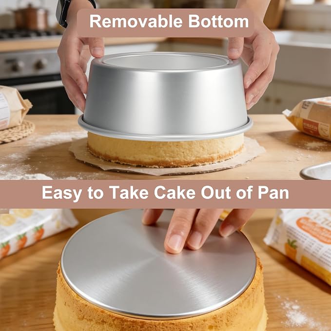 Round Cake Pan with Removable Bottom, Set of 3 (6 x 3 inch/8 x 3 inch/10 x 3 inch), Aluminum Baking Pans for Layer Cakes, Evenly Heating Tools for Home Kitchen, Tapered Side