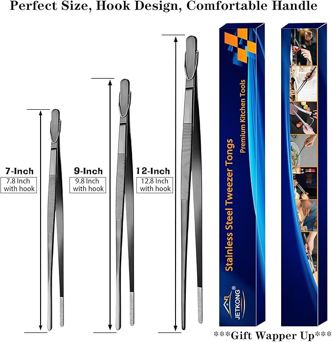 JETKONG Kitchen Tweezers Stainless Steel Food Tweezers Professional Chef Tweezer Kitchen Tools, Set of 3 (7 9 12 Inch, Black)