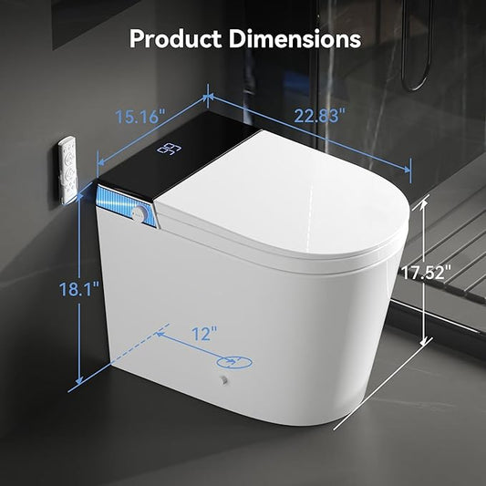 Smart Toilet with Bidet Built-in for Small Bathroom,One Piece Toilet with Self-Clean, Heated Seat,Warm Water Sprayer & Dryer,Blue Night Light,Auto Flush, Manual Soft-Close Seat&Lid