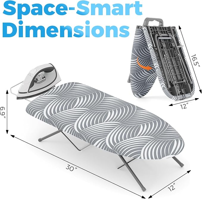 KINGBOARD Small Ironing Board with Iron Rest, Extra Thick Cover 30x12 Grey | Tabletop Ironing Board with Non-Slip Feet, Portable Folding Iron Board with Heat Resistant Cover for Travel Small Space