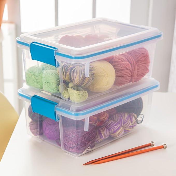 Sterilite Gasket Storage Box with Lids for Home & Office, 12 Quart, 24-Pack | Heavy-Duty, Stackable, and Organizing Containers for Bathroom, Cabinet, Closet, and Garage, Clear and Blue Aquarium Latches