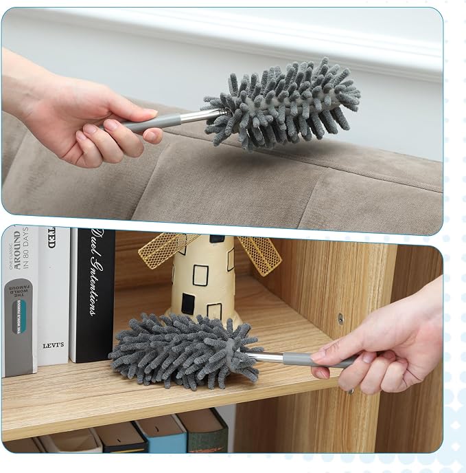ZZ LAZYCOTTAGE 12 Pack High Duster with Extension Pole, Reusable & Washable Feather Duster, Microfiber Dusters for Cleaning for Ceiling Fan, Sofas, Ceiling, Car, Cabinet, Furniture, Blind(Gray)