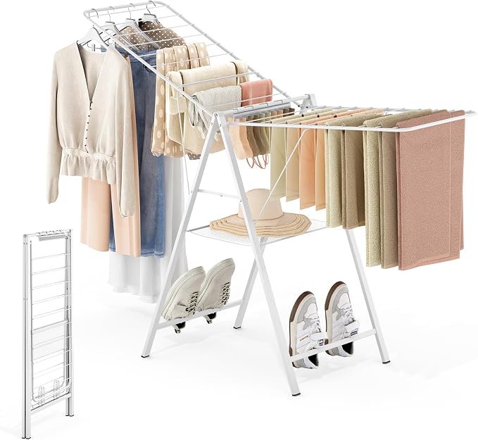 APEXCHASER 6 Height Adjustable Clothes Drying Rack with Shoe Slots, White | Pre-Assembled, Stable Load Structure, 22 Drying Rails, Foldable Space-Saving For Efficient Indoor & Outdoor Airflow Drying