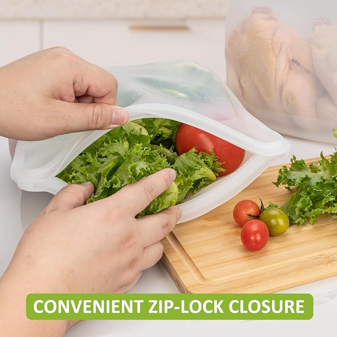 100% Silicone Gallon Storage Bags, Extra Large Reusable 1 Gallon Silicone Storage Bags Stand-Up Zip-Lock Leakproof for Bulk Food & Large Portions, Freezer Microwave Sous Vide Dishwasher Safe, 4 Pack