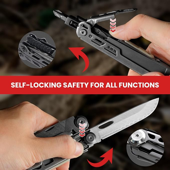33-in-1 Multitool Pliers, Full-size, EDC Knife, Stainless Steel | Scissors, Damascus Pocket Knife, Nylon Sheath, Adjustable Hex Wrench, Survival, Camping, Hiking, Repair, Gift for Men Dad