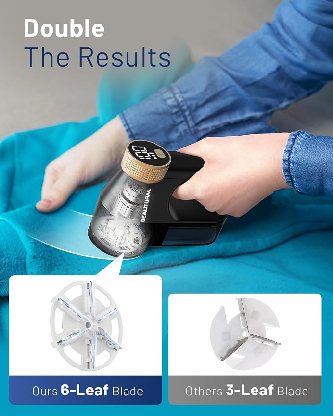 BEAUTURAL Fabric Shaver and Lint Remover, Rechargeable Sweater Defuzzer | LED Display, 3-Speed Settings, 6 Leaf Blades, Portable Pilling Remover for Clothes, Furniture, Blankets