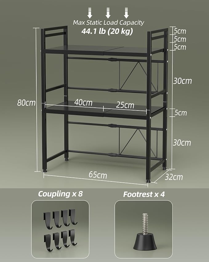 NETEL 3 Tier Expandable Microwave Stand countertop,Microwave Oven Rack,2Pcs | microwave shelf, storage shelves for pans &appliances,Adjustable partition height，55 Lbs load Per Tier,Black