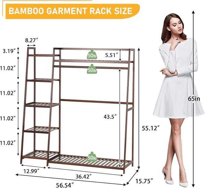 Baveke Bamboo Clothing Garment Rack 7 Tier Storage Shelf Coat Clothes Hanging Rack, Portable Wardrobe Closet Organizer With Top Shelf, Shoe Storage Shelves for Bedroom, Brown, FSC-Certified Bamboo