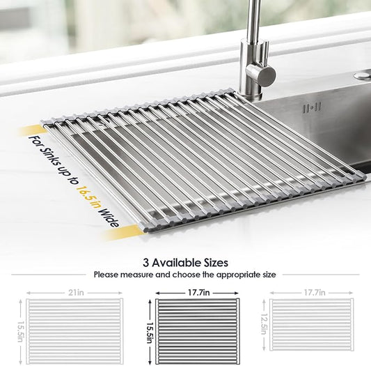 Tomorotec 17.7" x 15.5" Roll Up Dish Drying Rack Over Sink Drying Rack Sink Cover Kitchen Sink Accessories Gadget Multipurpose Organizer Foldable Stainless Steel Drainer (Grey)