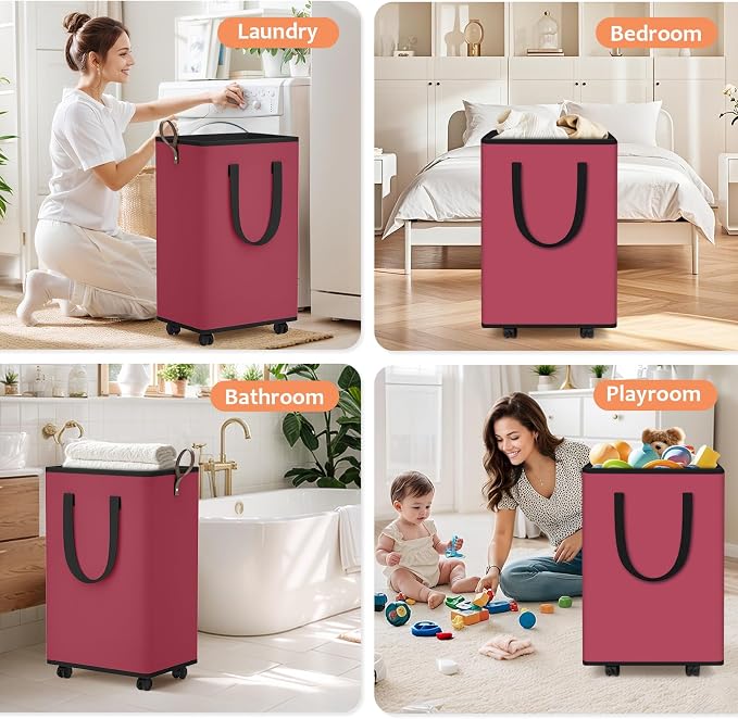 SpaceTrove Rolling Laundry Basket with Wheels, Laundry Hamper, 80L, Red | Collapsible, 4 detachable wheels including 2 with brakes, sturdy handle, metal frame, for dorms, bathrooms and bedrooms