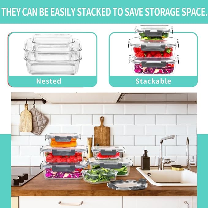 Skroam 10-Pack Glass Meal Prep Containers, Food Storage Containers with Snap Locking Lids, Airtight Bento Boxes for Microwave, Oven, Freezer and Dishwasher