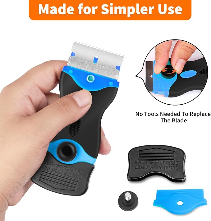 Razor Blade Scraper Tool - Razor Scraper with 40 Metal & Plastic Blades | Scrapper for Cleaning Paint, Decal, Adhesive, Label & Caulk, Glass Scraper for Window, Cooktop, Oven & Stove Top(Blue)