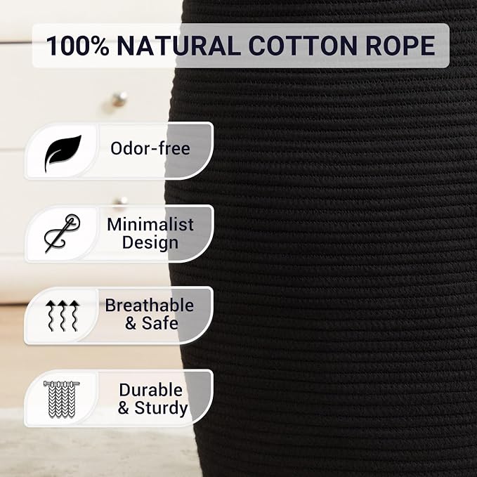 Extra Large Laundry Hamper Basket 105L Woven Blanket Basket, Black | Tall Clothes Hamper, Rope Wicker Laundry Basket, Storage Basket for Toys, Dirty Cothes in Bedroom, Living Room Organizer