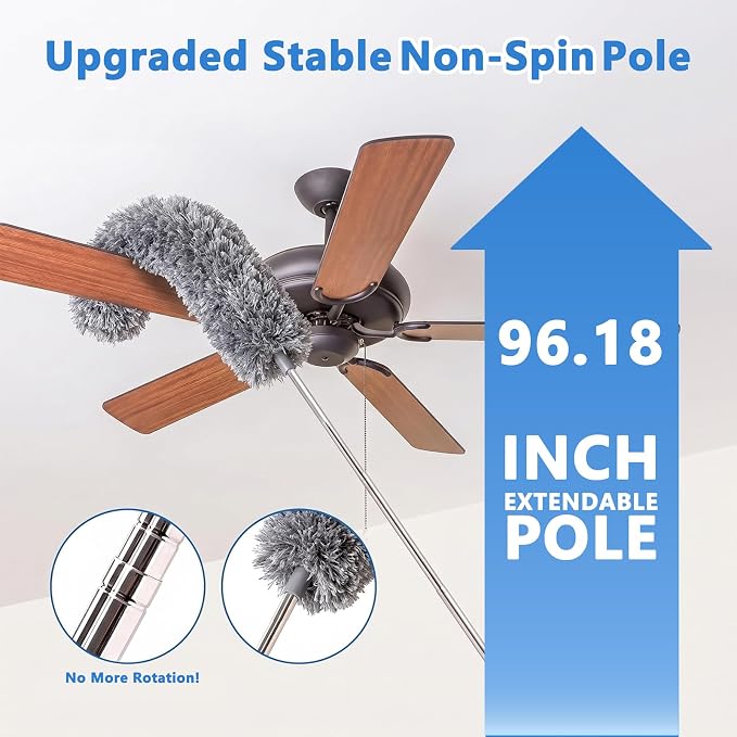 Duster with Extension Pole 30-100 Inches, Bendable Microfiber Cobweb, Gray, Duster for Cleaning Ceiling Fan, High Ceiling, Roof, Window & Blinds