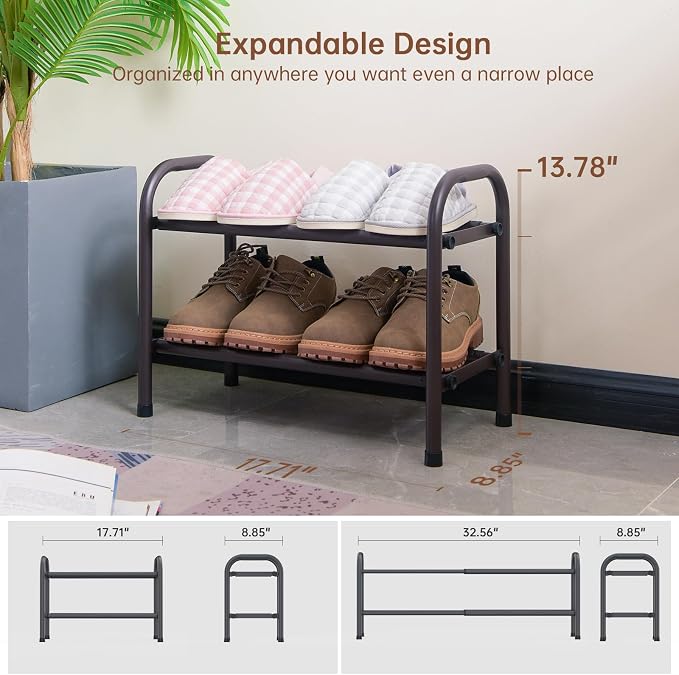 Gonfoam Expandable 2-Tier Shoe Rack for Closet and Entryway, Bronze | Tool-Free Assembly, Metal Material, Adjustable Shoe Organizer, Sturdy, Small Space Solution, Dorms, Garages, Apartments.