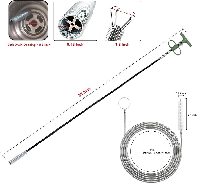 2-in-1 Drain Cleaning Tool Kit, 33" Flexible Drain Snake Clog Remover & 60" Drain Brush for Shower, Sink, Bathtub & Kitchen