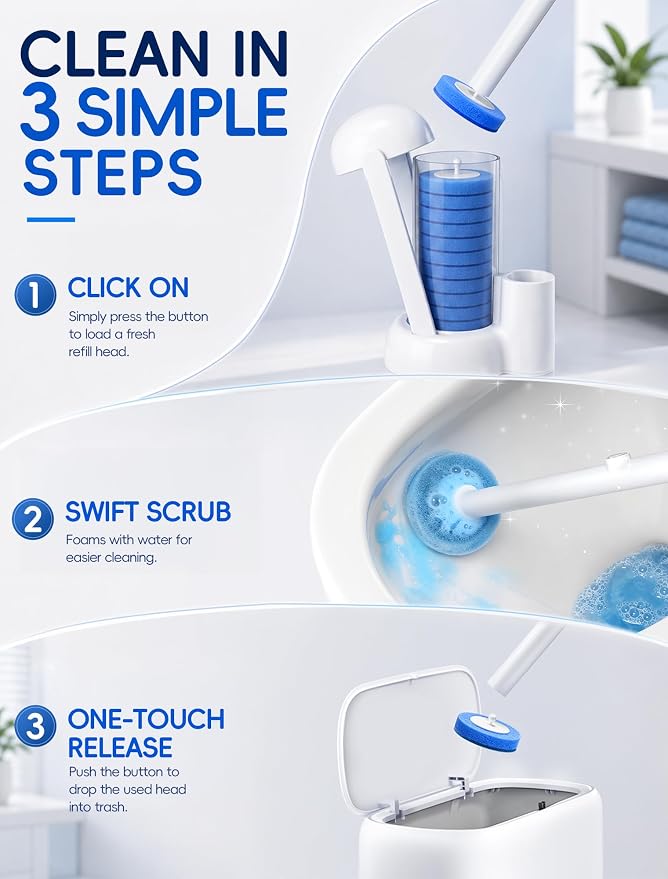 Disposable Toilet Brush System, Toilet Bowl Cleaning Wand with Lift-to-Open Refill Case, Blue Refill Heads and Freestanding Holder, 2 Wand and Holder Sets with 91 Blue Refills