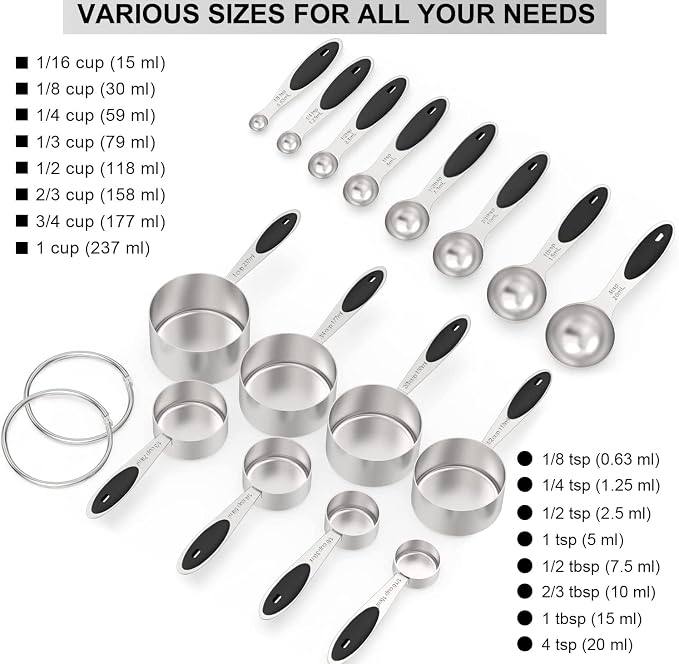 Measuring Cups & Spoons Set of 16, Wildone Stainless Steel Measuring Cups and Measuring Spoons with Black Silicone Handle, Including 8 Nesting Cups, 8 Spoons, for Dry and Liquid Ingredient | 8 Measuring Cups and 8 Measuring Spoons, Nesting Design, Heav...