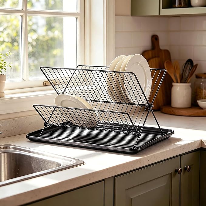 Black Foldable Double-Tier Dish Rack Large-Capacity Expandable Dish Rack, Rust-Proof Dish Rack, Draining Tray Suitable for Kitchen Worktops (Black)