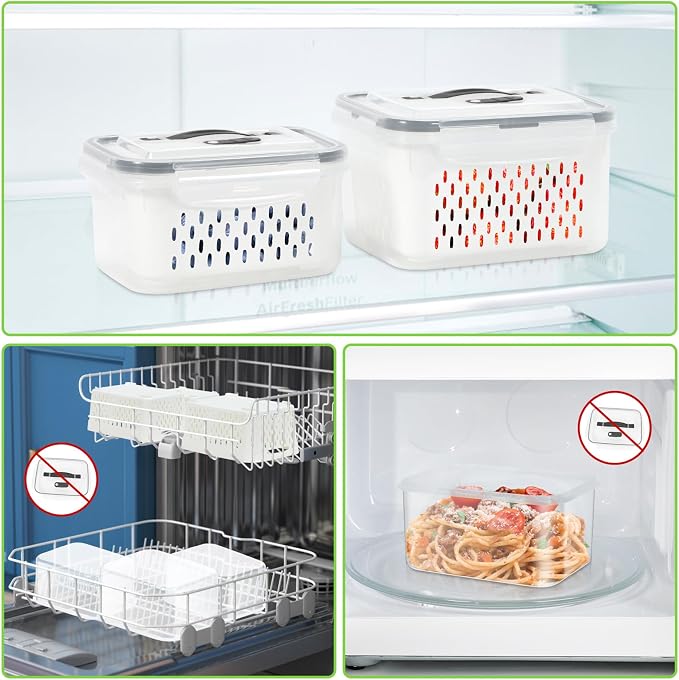 5 Pack Fridge Storage Containers with Vent Handle BPA Free Plastic with Removable Colander, Stackable Refrigerator Organizer Bins Stackable Refrigerator Organizer Bins for Berry, Meat, Vegetable
