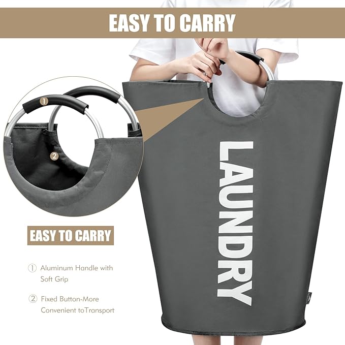 DOKEHOM 90L Large Laundry Basket Bag, Collapsible Tall Hamper, Dark Grey | Freestanding tall washing bin & foldable laundry bag. High-capacity clothes storage basket with durable sturdy handles