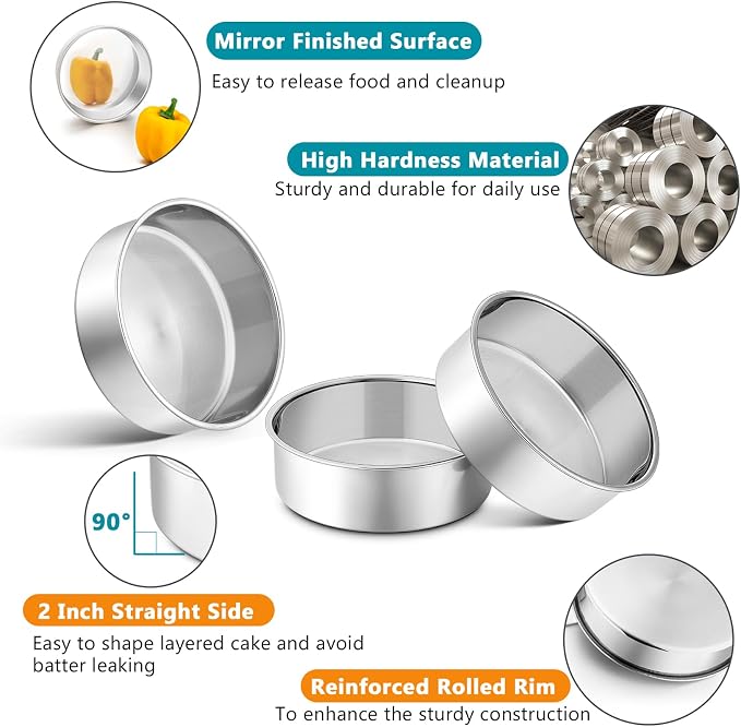 P&P CHEF 5 Inch Cake Pan Set of 4, Stainless Steel Baking Round Cake Pans Tins Bakeware for Birthday Wedding, Leak-proof & Easy Clean, Mirror Finish & Easy Releasing