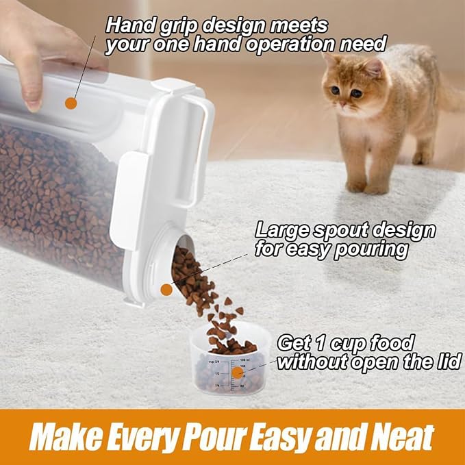 Dog Cat Food Storage Container, Pet Food Pourable Container Airtight with Large Spout & Cup, BPA-Free Plastic Food Dispenser for Pet Food, Bird Seed, Rice, Flour (White, 5L)