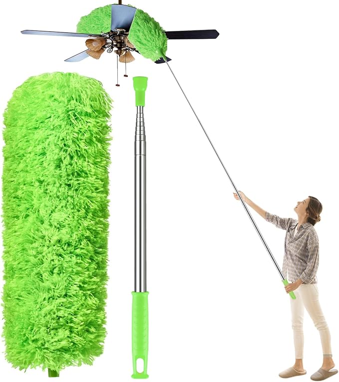 Microfiber Feather Duster, High Ceiling Fans with 30-100 Inch Pole, Green | Bendable and Washable Head Traps Dust Without Scratching, Reaches Blinds, Fixtures, Corners and Cobwebs for Wet or Dry Use