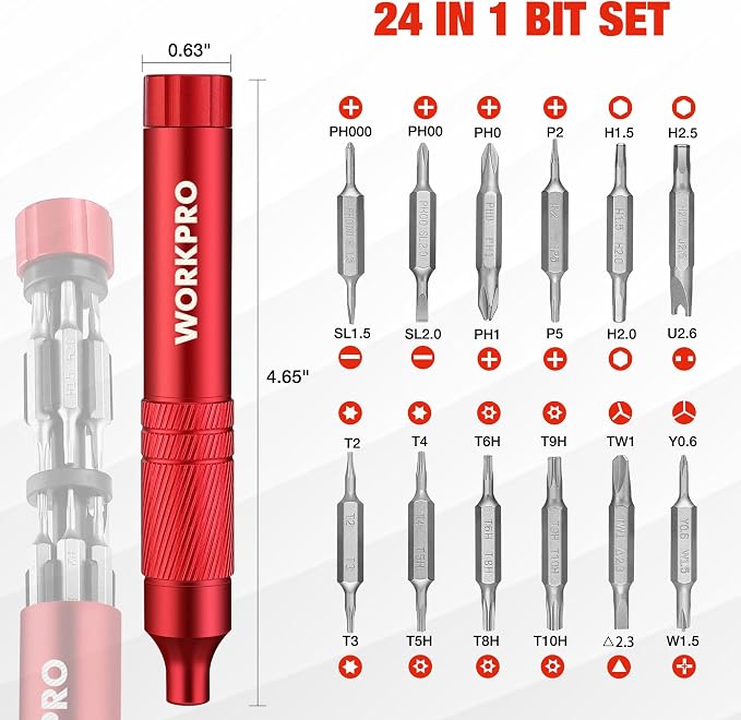 WORKPRO 24 in 1 Multi Bit Mini Screwdriver Set Magnetic, Red | Manual Pen Screwdrivers, Tough S2 Steel Small Screwdriver Bits for Eyeglass, Watch, Laptop, Phone, Jewelry and Electronic
