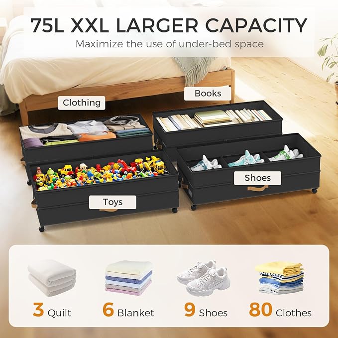 75L 2 Pack Adjustable Under Bed Storage with Wheels | Underbed containers with clear lids, rolling under bed shoe storage organizer for dorm home clothes, blankets, shoes, black