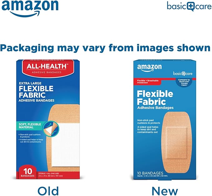 Amazon Basic Care Flexible Fabric Adhesive Bandages, XL (2 in x 4 in), Non-Stick Pad for Cuts & Scrapes, 4-Sided Seal, 10 Count