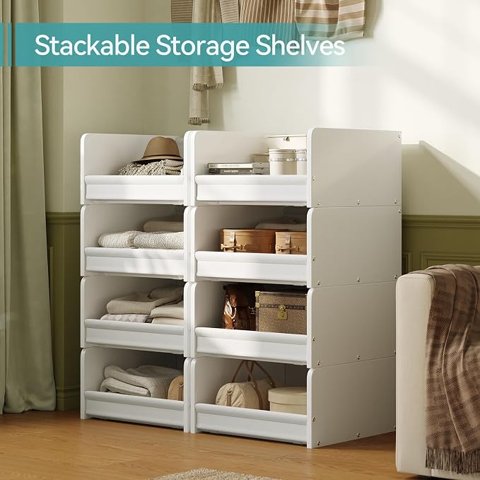 FOUCSSOMEI Closet Organizer and Storage, 4 Tier Stackable Storage Organizer, Wooden & Metal Closet Shelves, Modular Clothes Organizer, Storage Shelf, Bedroom & Closet Organization, Patent Design