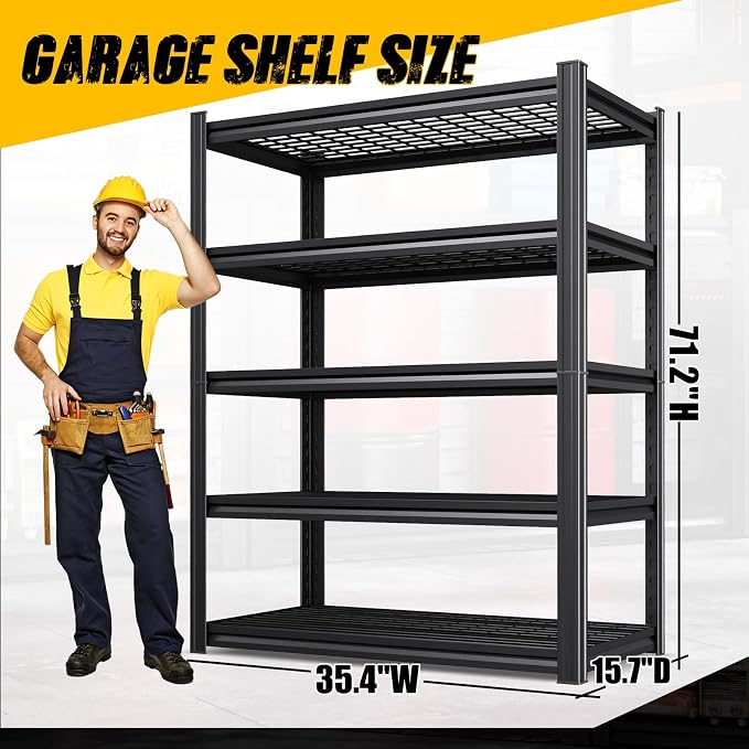 Heavy Duty Garage Shelving, 5-Tier Adjustable All Metal Wire Shelving Unit for Tools, Storage Bins, Utility Storage Rack for Garage, Warehouse, Basement, Pantry & Workshop, 71"H x 35"W x 16"D