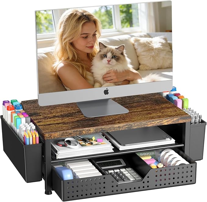 OPNICE Desk Organizers and Accessories, Computer Monitor Stand Riser with Drawer and 2 Pen Holders, Printer & Laptop Stand, Office Desk Accessories & Workspace Organizers for Home Office Supplies, Brown