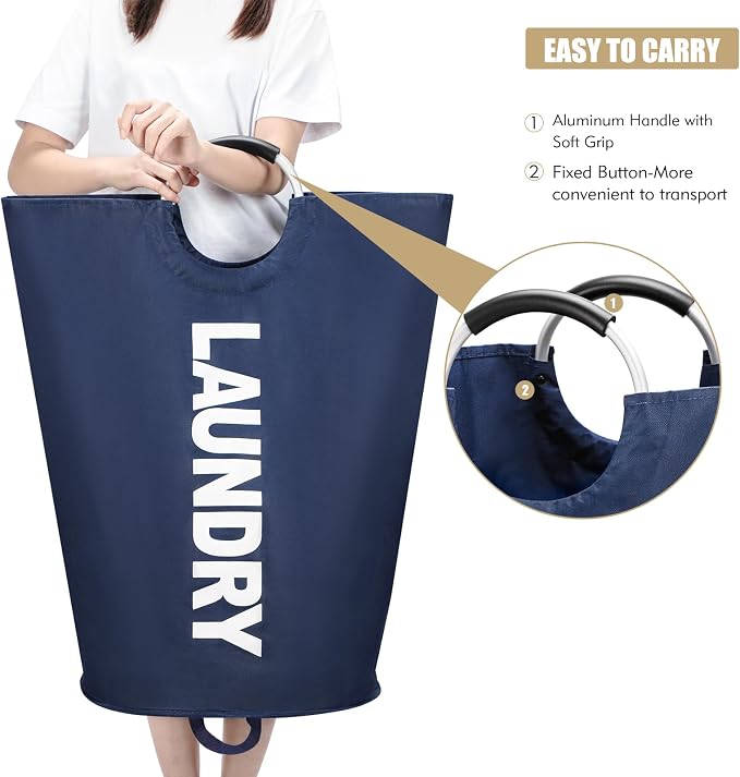 Maxsilan 90L Large Laundry Basket Bag, Collapsible Tall Hamper, Dark Blue | Freestanding tall laundry bag & foldable washing basket. Large capacity clothes storage bin with durable sturdy handles
