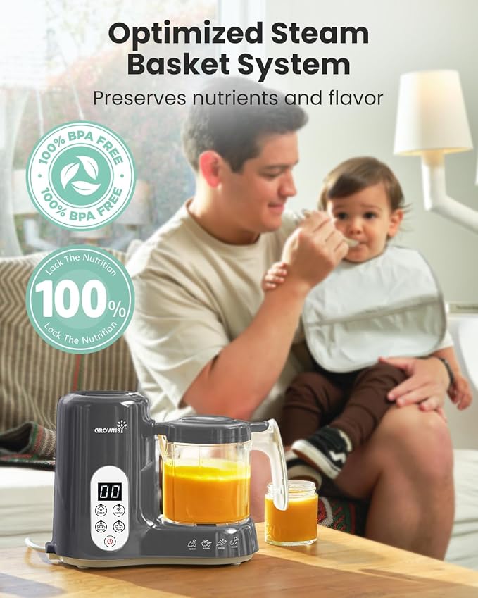 Grownsy Baby Food Maker with Steam Basket, One Step Baby Food Processor Steamer Puree Blender Grinder Mills Machine, Auto Cooking Grinding and Sterili-zing for Healthy Homemade Baby Food, Dark Grey