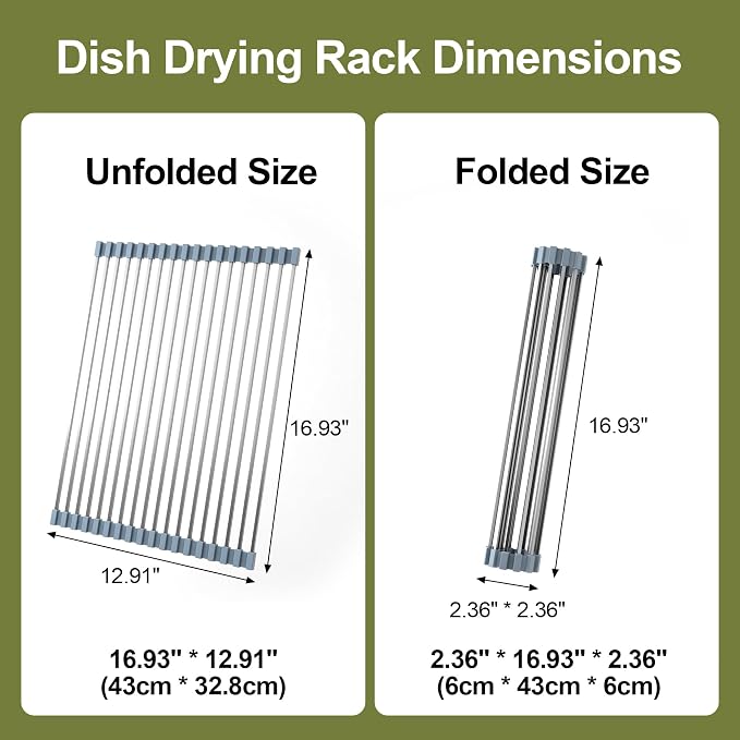 16.93 ×12.91 Inch Sink Drying Rack Roll Up, Silicone Wrapped 304 Square Stainless Steel Over the Sink Dish Drying Rack Counter Kitchen Home RV Essentials Foldable Sink Organizer,Grey