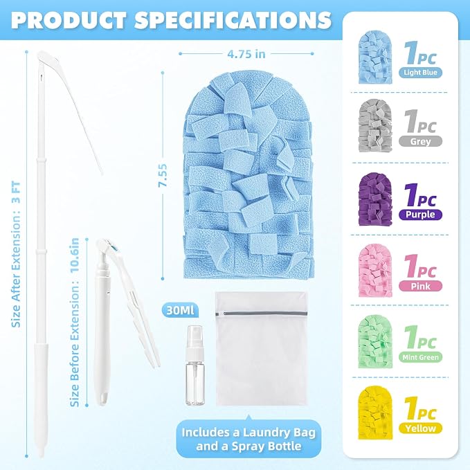 Reusable Duster Refills, Washable Duster for Swiffer (6 PCS) | with 3 Ft Extendable Handle, Reusable Microfiber Pads for Cleaning Fan, Floor, Blind, Include 1 Laundry Bag & Spray Bottle