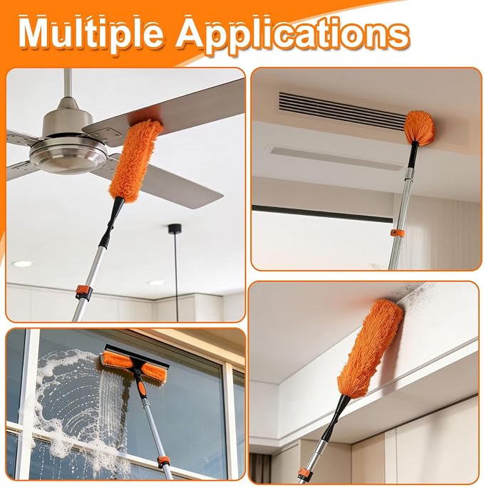 35FT High Reach Duster Kits with 5-29FT Extension Pole, Cobweb Duster with Telescoping Pole, Washable Ceiling Fan Cleaner & Window Squeegee for Glass Surfaces & High Roof