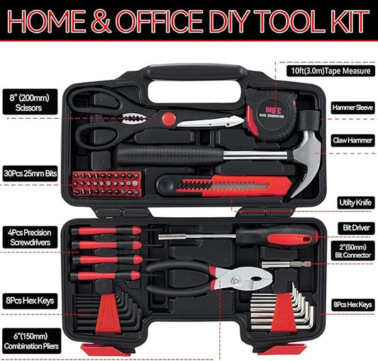 MARTCOLOR 58 Piece Household Tool Set, General Household Hand Tool Kit with Plastic Toolbox Storage Case, All Purpose Household Tool Kit for Home, Garage, Office and College Dormitory Use, Red