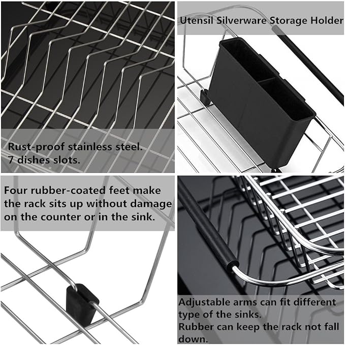 SANNO Expandable Dish Drying Rack Over the Sink Dish Drainer Dish Rack in Sink or On Counter with Utensil Silverware Storage Holder, Rustproof Stainless Steel