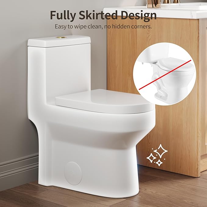 DeerValley Small One Piece Toilet with Soft Closing and Seat Gold Flush Button 12 Inch Rough-In Compact Toilets for Tight Spaces