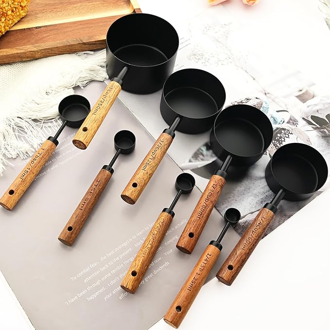 Measuring Cups and Spoons Set of 8, Matte Black Stainless Steel Nesting Kitchen Measuring Set, Wood Handle Dry and Liquid Measuring Cups, For Cooking and Baking