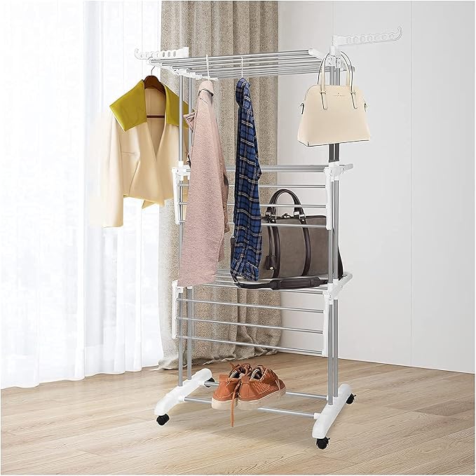 Bigzzia Clothes Drying Rack Folding with Wheels Drying Rack Clothing Clothes Horses Rack Stainless Steel Laundry Drying Rack with Two Side Wings 4 Tier Grey White