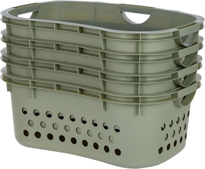 IRIS USA Laundry Basket, 51L Plastic Hip Hold Hamper, 4 Pack, Sage Green | Lightweight ventilated laundry basket with hip-hold handles for everyday clothes, towels, and bedding.