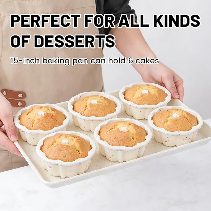 Vinino 4 Inch Silicone Fluted Tube Cake Pan with Reinforced Frame, 6-Pack | Mini Flan Molds for Baking Muffin, Jello, Pudding, Chocoflan, Nonstick Mini Cake Pan for Oven,Dishwasher Safe - Cream